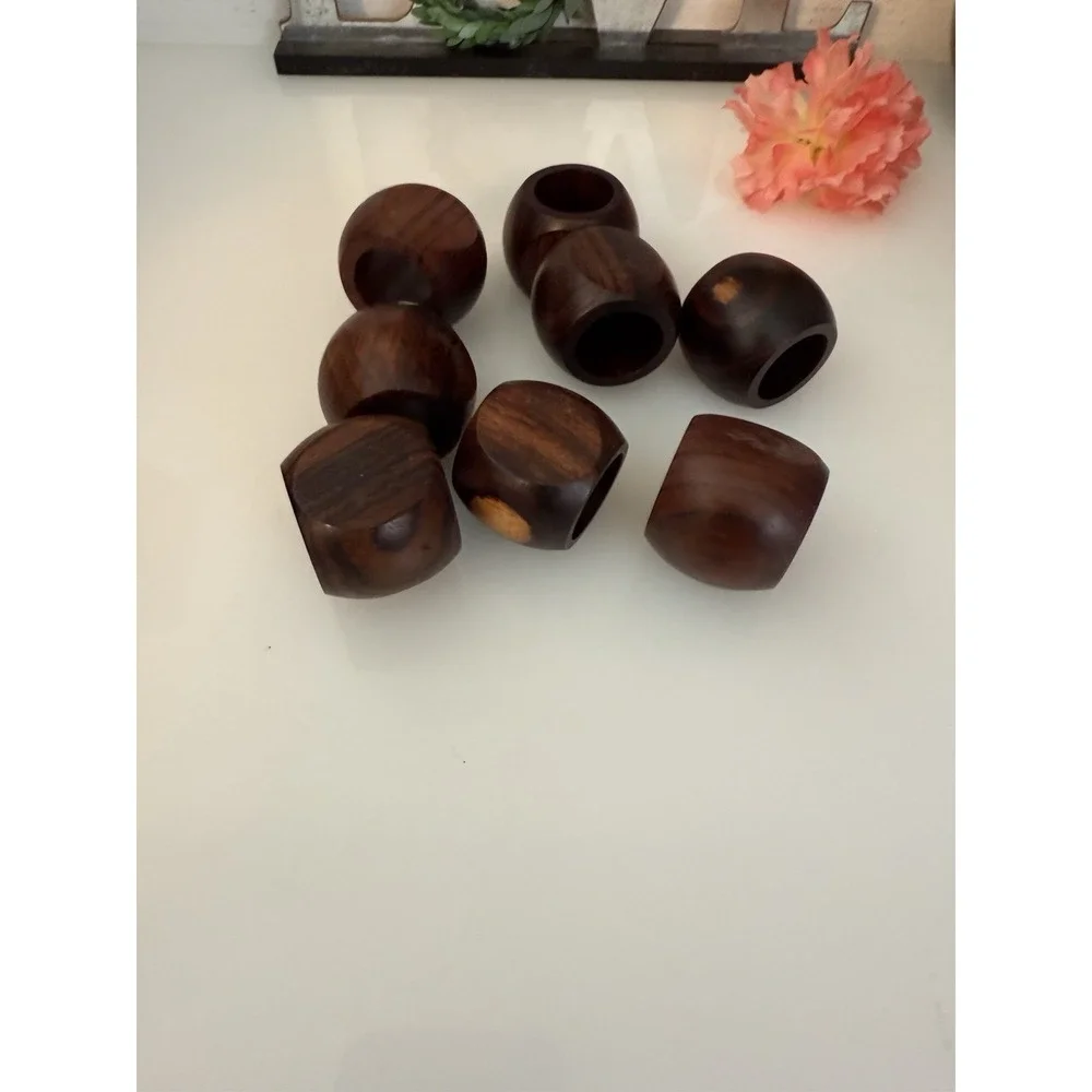 Vintage Lot of 8 Hand Made Brown Wooden Napkin‎ Rings Flat End Boho Decor 2 In